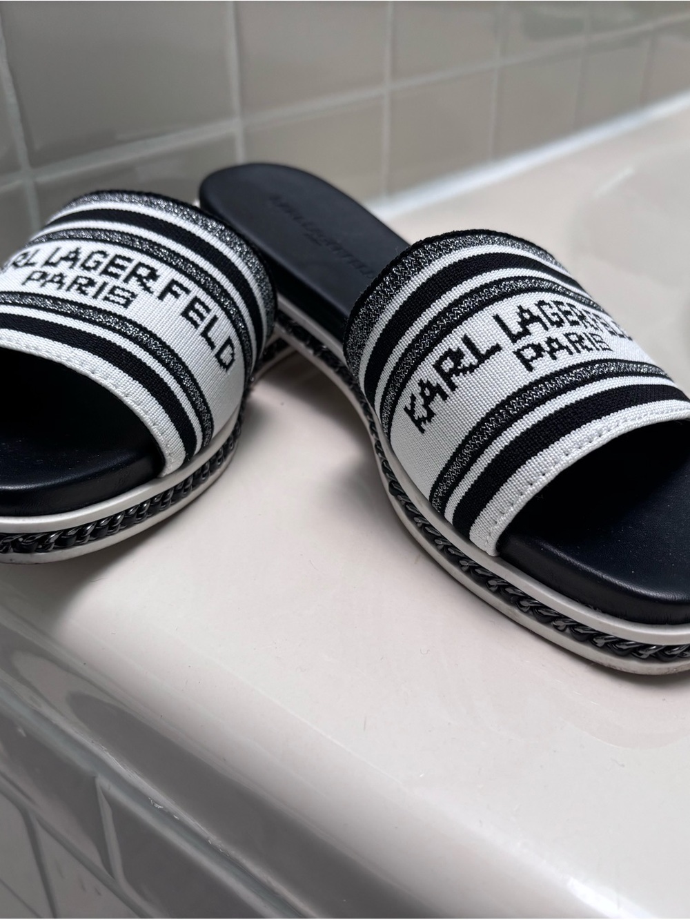 Karl Lagerfeld Black and White Logo Slide Sandals for Kids